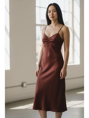 Melrose & Market Rust Red Satin Midi Slip Dress With Ruched Front Detail & Adjus